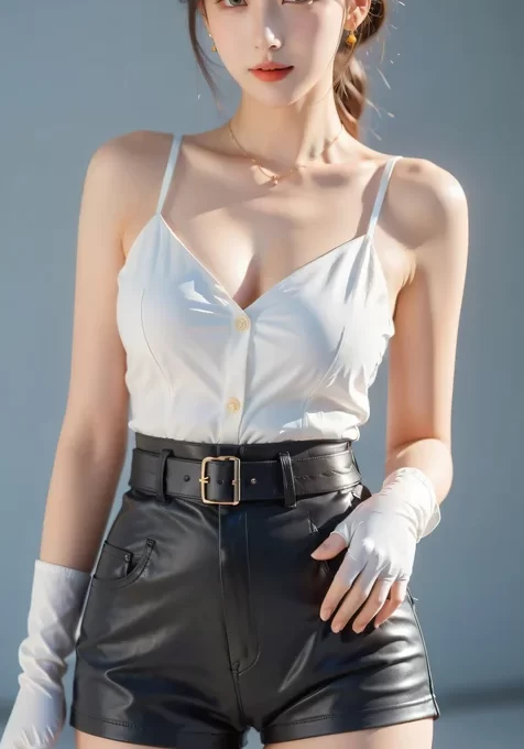 性感AI美女，穿着白色吊带衣，紧身皮裤，白丝袜的ai美女高清美图手机