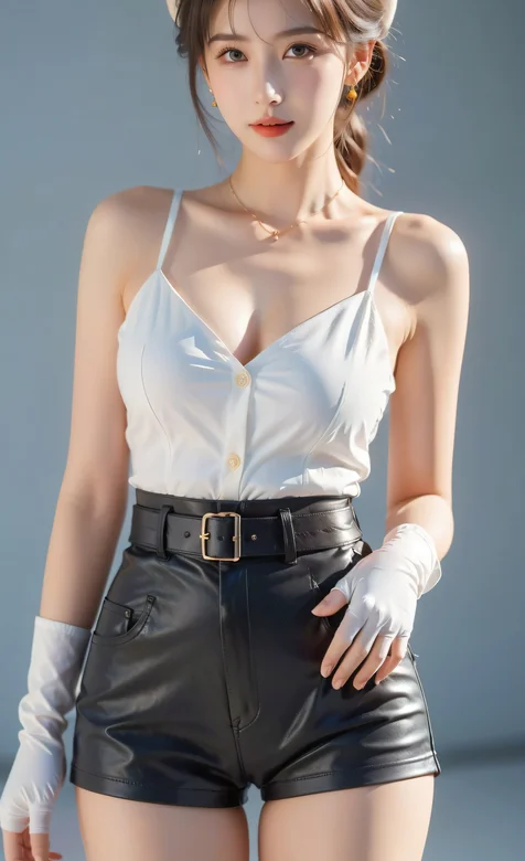 性感AI美女，穿着白色吊带衣，紧身皮裤，白丝袜的ai美女高清美图手机-iPhone17-1