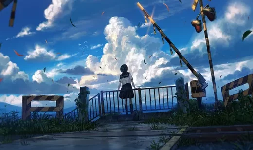 校服少女·铁道口飘叶 日系二次元电脑壁纸