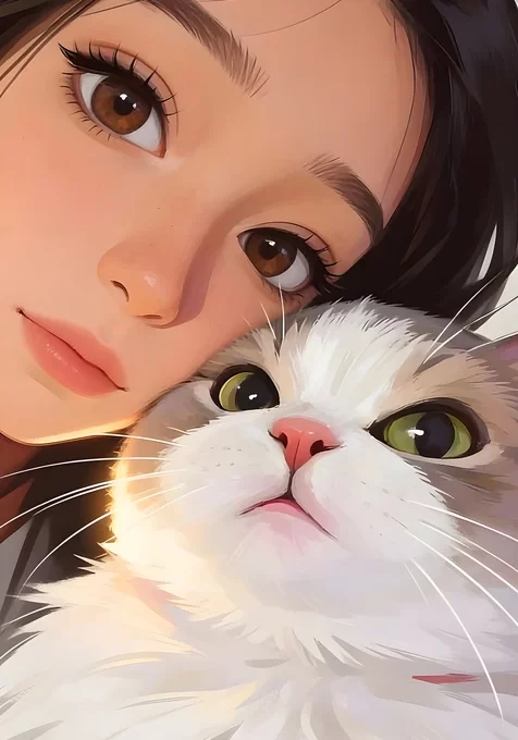 女孩与布偶猫·唯美写实插画风 高清宠物互动手机壁纸