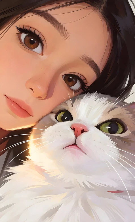 女孩与布偶猫·唯美写实插画风 高清宠物互动手机壁纸-iPhone17-1