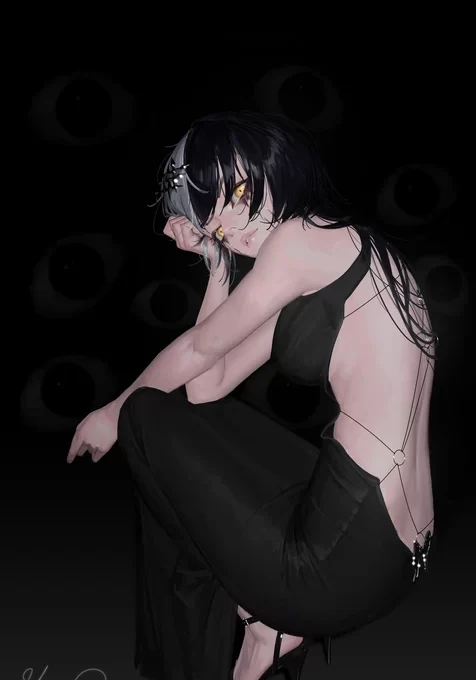 黑灰发黄瞳少女·暗黑风原创插画 小众手机壁纸