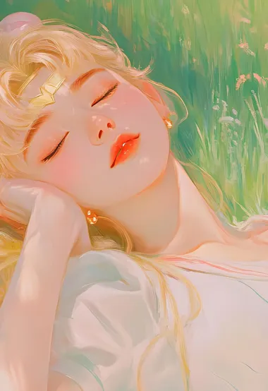 青草地，闭着眼睛，美少女战士唯美户外场景AI插画头像图片