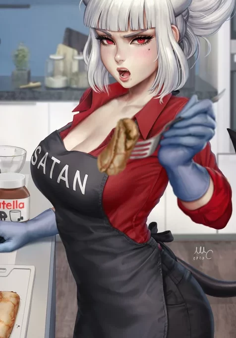 头上有角超性感的动漫女厨娘手机壁纸