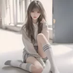 坐在地上，穿着白袜，Jk短裙，长发动漫AI美女18图片