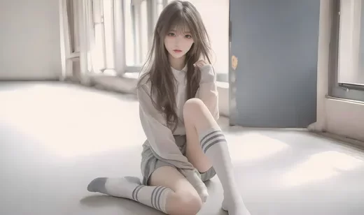 坐在地上，穿着白袜，Jk短裙，长发动漫AI美女18图片