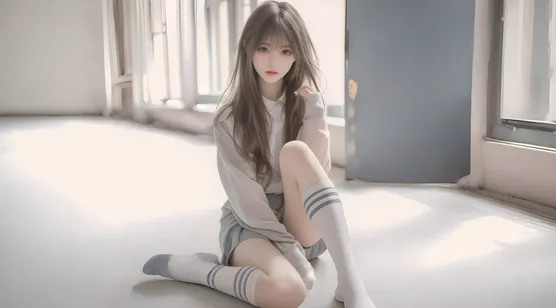 坐在地上，穿着白袜，Jk短裙，长发动漫AI美女18图片
