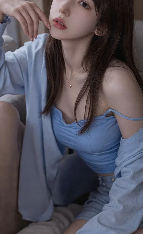 氛围感AI美女，蓝色吊带纯欲风春日少女手机壁纸图片-iPhone17-1