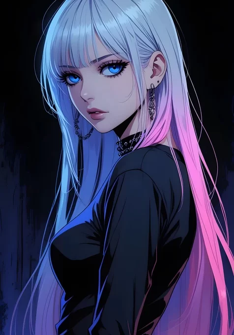 蓝粉渐变长发少女·暗黑二次元风 原创插画手机壁纸