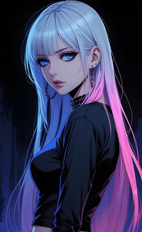 蓝粉渐变长发少女·暗黑二次元风 原创插画手机壁纸-iPhone17-1