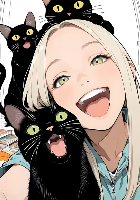 金发女孩&三只黑猫 二次元漫画风 萌宠互动手机壁纸