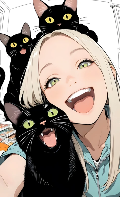 金发女孩&三只黑猫 二次元漫画风 萌宠互动手机壁纸-iPhone17-1