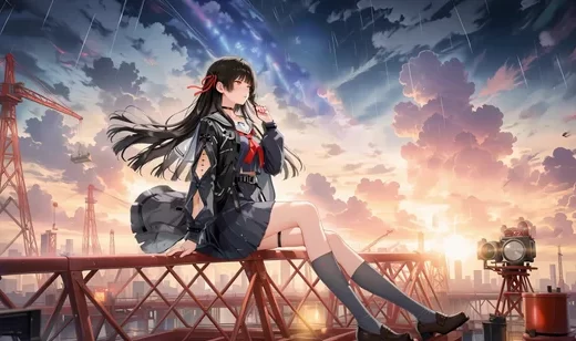 黑长直校服少女·工地黄昏 二次元动漫风动态电脑壁纸