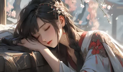 国风，趴着睡觉，闭着眼睛的国色生香古装AI美女图片