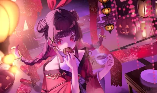 动漫古风少女 手持甜甜圈咖啡 灯笼南瓜灯温馨壁纸