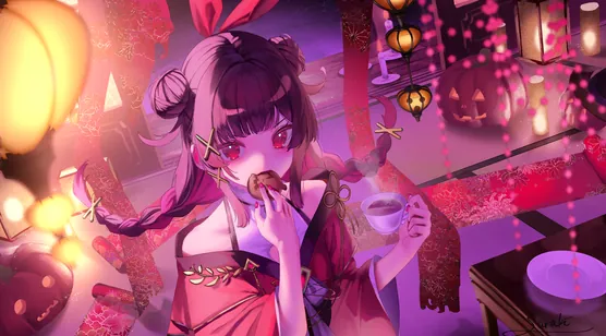 动漫古风少女 手持甜甜圈咖啡 灯笼南瓜灯温馨壁纸-iPhone17-1