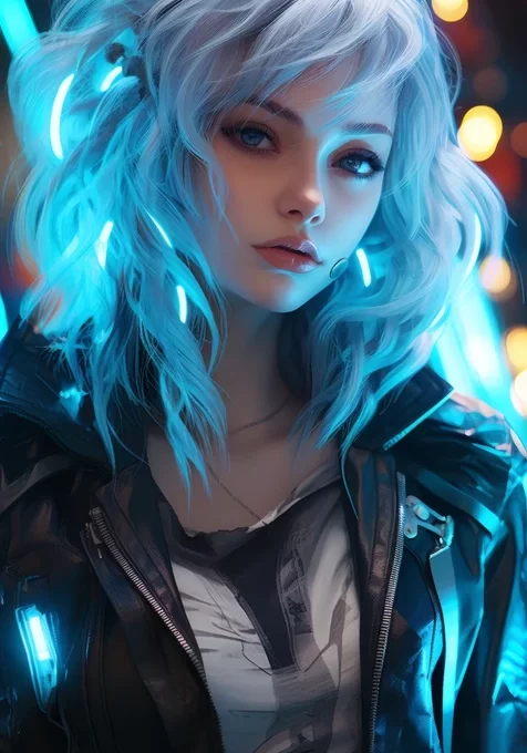 赛博朋克少女·蓝发霓虹 黑色皮衣 高清氛围感拉满