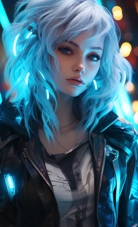 赛博朋克少女·蓝发霓虹 黑色皮衣 高清氛围感拉满-iPhone17-1
