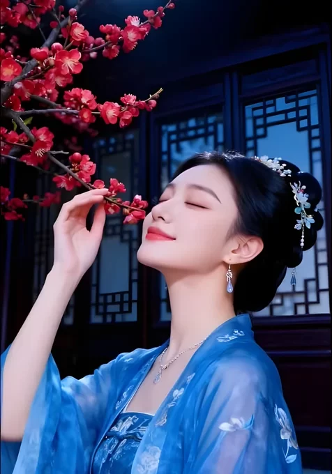 古风女子轻嗅红梅 国风唯美中式庭院壁纸（古风美女壁纸）