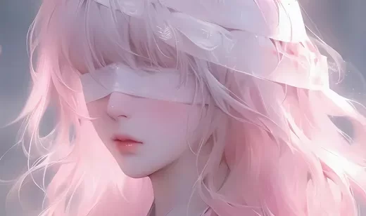 蒙着眼睛，粉色长发卷发AI精致美女，少女图片