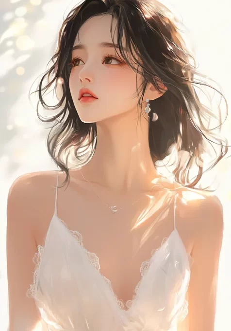 侧颜，高颜值气质美女低胸吊带白裙AI美图手机壁纸2