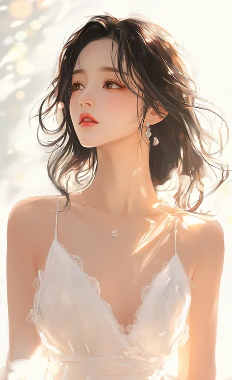 侧颜，高颜值气质美女低胸吊带白裙AI美图手机壁纸2-iPhone17-1
