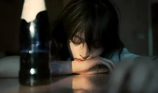 光影交错，趴在桌子上，借酒消愁的女生忧伤壁纸图片