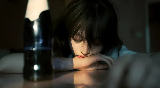 光影交错，趴在桌子上，借酒消愁的女生忧伤壁纸图片-iPhone17-1