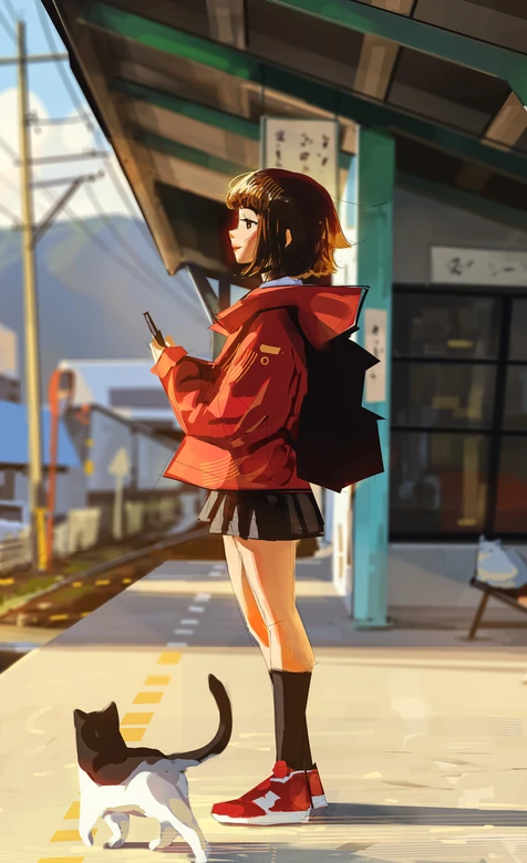 短发少女·红外套黑裙+猫咪 国漫风日系车站治愈系手机壁纸-iPhone17-1
