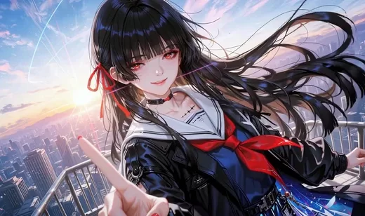 暗黑朋克JK少女·红瞳黑长直 赛博都市动态电脑壁纸