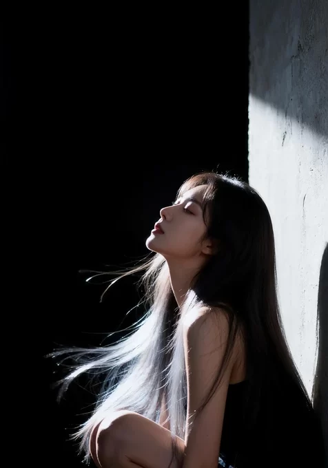 光影长发少女暗黑风蹲姿壁纸 清冷氛围感壁纸