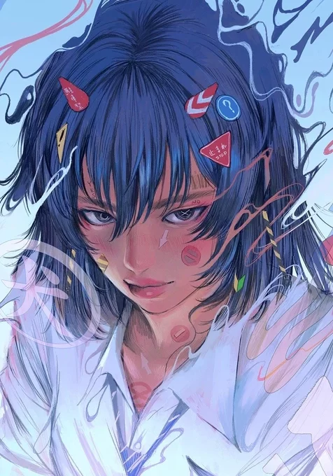蓝发少女·符号涂鸦装饰 日系写实插画 超火竖屏壁纸