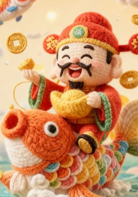 财神·骑锦鲤抱元宝 国风毛线编织 新春财运手机壁纸