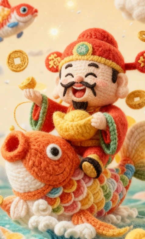 财神·骑锦鲤抱元宝 国风毛线编织 新春财运手机壁纸-iPhone17-1