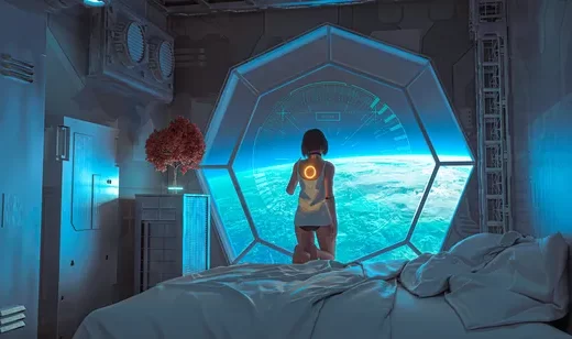 太空站，空间站的房间里，落地窗钱，跪坐在床上的美女机器人背影科幻创意