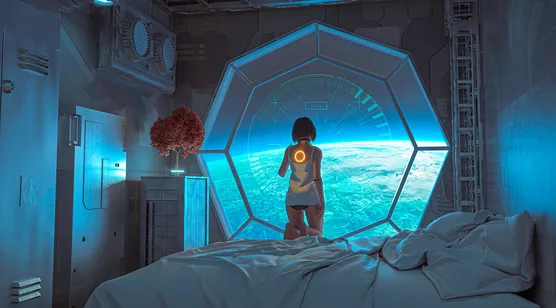 太空站，空间站的房间里，落地窗钱，跪坐在床上的美女机器人背影科幻创意-iPhone17-1