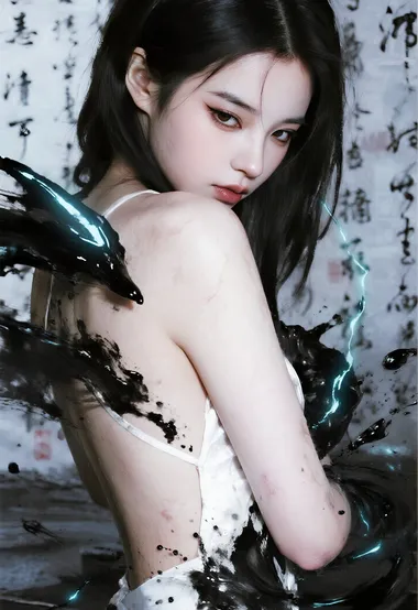 国风暗黑少女·墨汁特效露背裙 古风书法背景写真