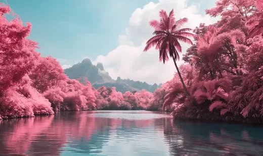 安静的湖面，波光粼粼，被染成粉色的湖边树木，树林，晴朗的天空，精美景