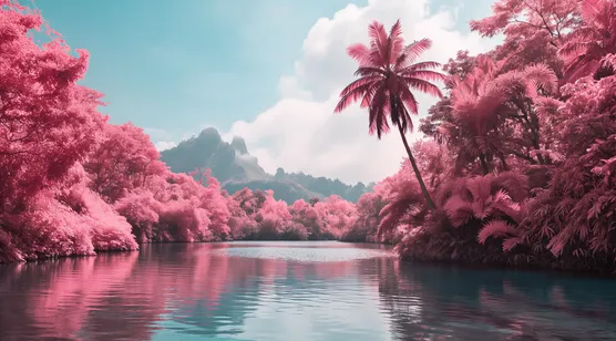 安静的湖面，波光粼粼，被染成粉色的湖边树木，树林，晴朗的天空，精美景-iPhone17-1