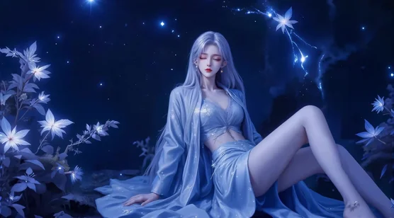 银发蓝裙星夜少女·唯美梦幻风动态电脑壁纸（CG）-iPhone17-1