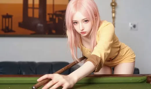 台球美女，粉色头发，身着黄色衣服短裤的AI美女插画壁纸图片