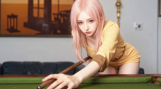 台球美女，粉色头发，身着黄色衣服短裤的AI美女插画壁纸图片-iPhone17-1