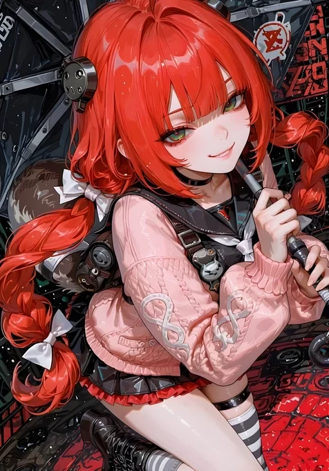 红发双马尾酷甜少女·粉衣黑裙 二次元机械风手机壁纸