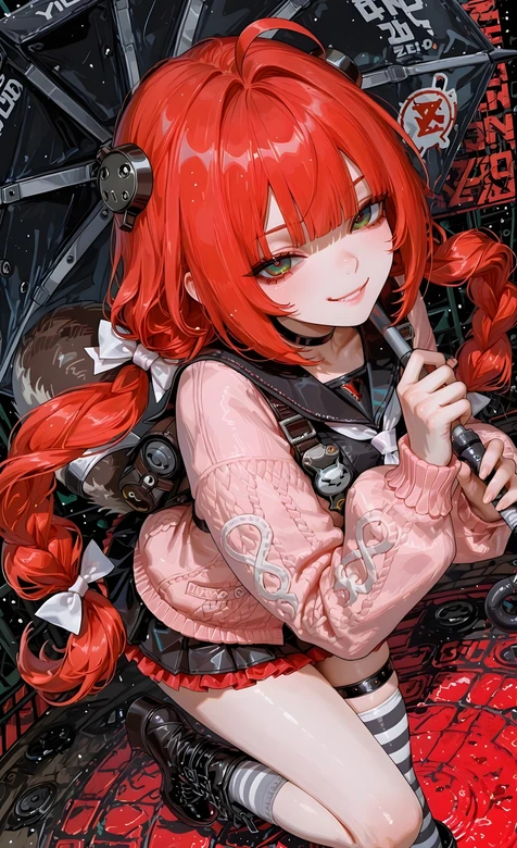 红发双马尾酷甜少女·粉衣黑裙 二次元机械风手机壁纸-iPhone17-1