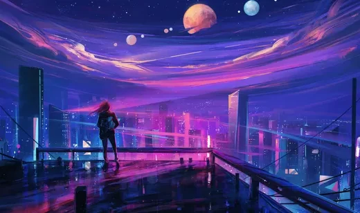 天台人物·赛博朋克都市星空行星 科幻唯美电脑壁纸
