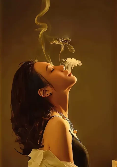 抽烟的女人，烟雾，昂着头，闭着眼睛吐烟雾的美女手机壁纸图片