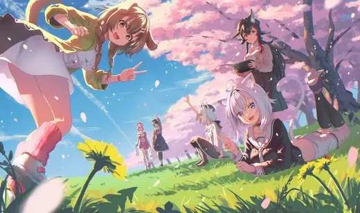 兽耳少女樱花草地春日嬉戏 日系唯美动漫壁纸