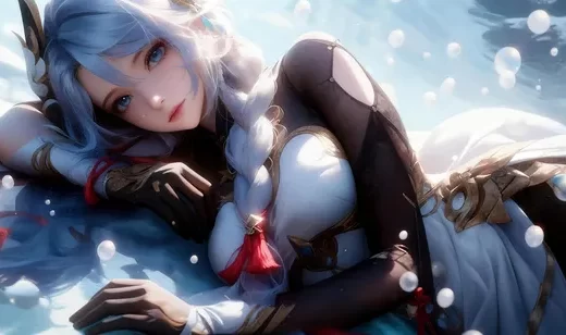 二次元蓝发少女 唯美水元素场景 高清桌面背景