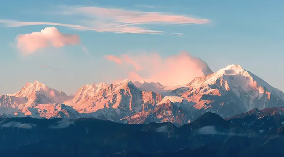 巍峨的雪山，在阳光照耀下，呈现出柔和的粉橙色，唯美壮丽桌面壁纸图片-iPhone17-1