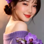 唯美写真·持紫兰的露肩毛衣少女 高人气手机壁纸